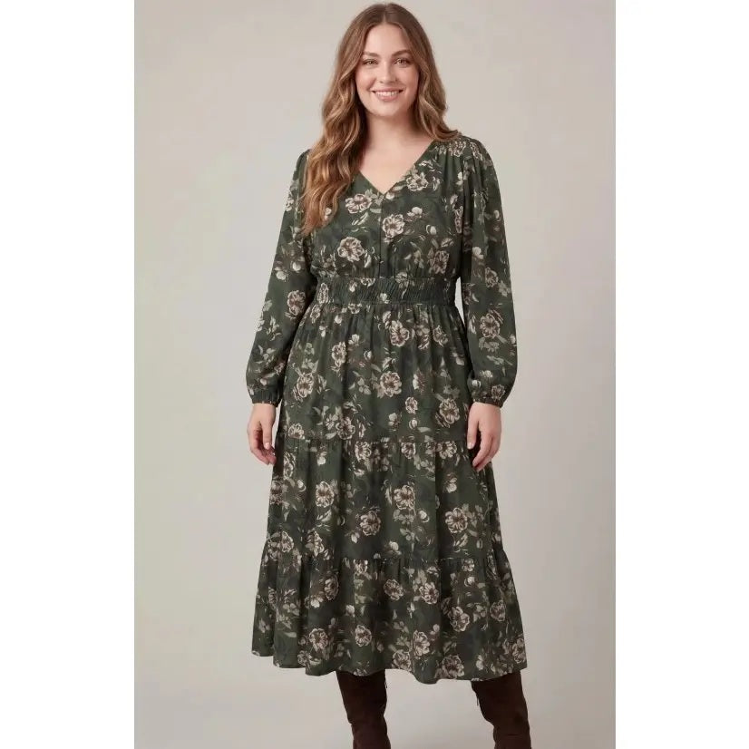 Plus Size Long Sleeve Woven Floral Print Tiered Midi Dress