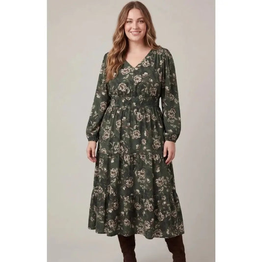 Plus Size Long Sleeve Woven Floral Print Tiered Midi Dress