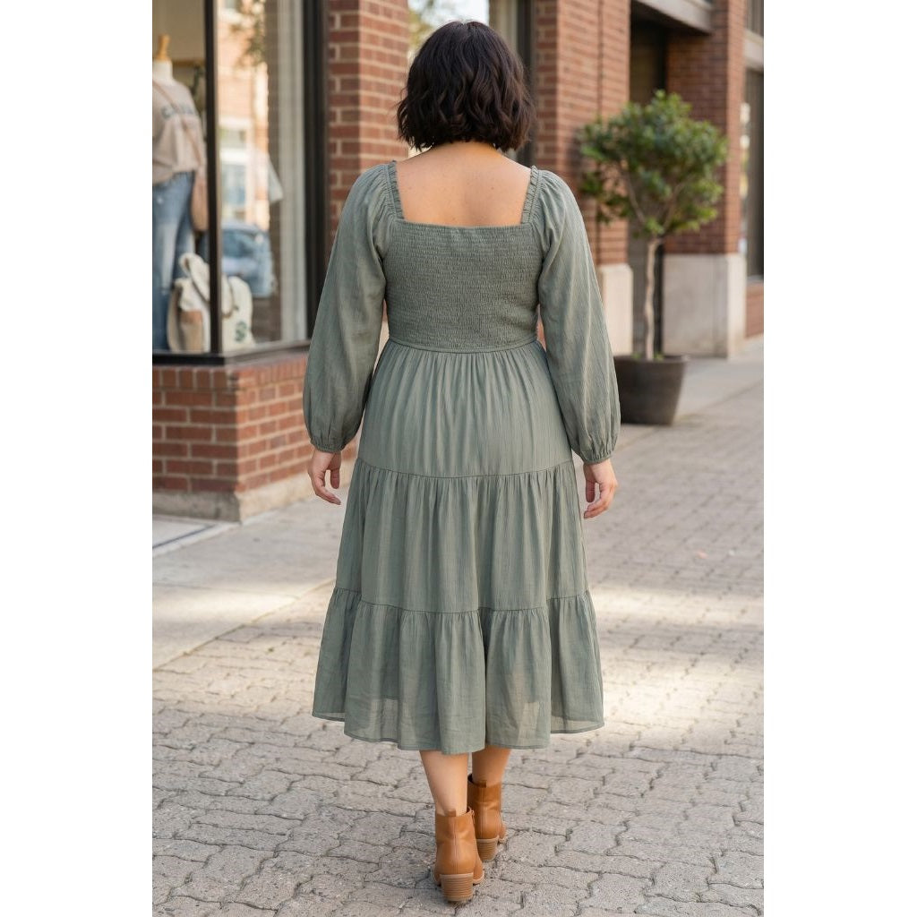 Plus Size Smocked Bodice Long Sleeve Tiered Maxi Dress