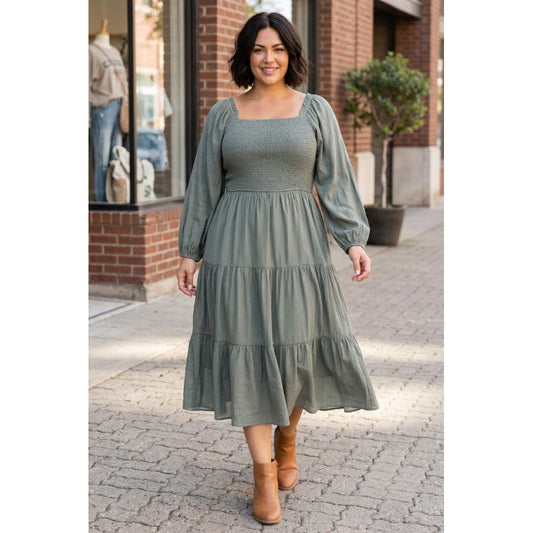 Plus Size Smocked Bodice Long Sleeve Tiered Maxi Dress