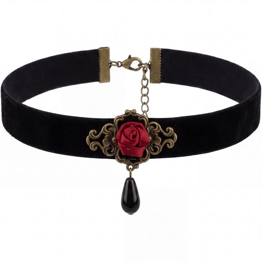Red Rose Choker with Black Dangling Gem