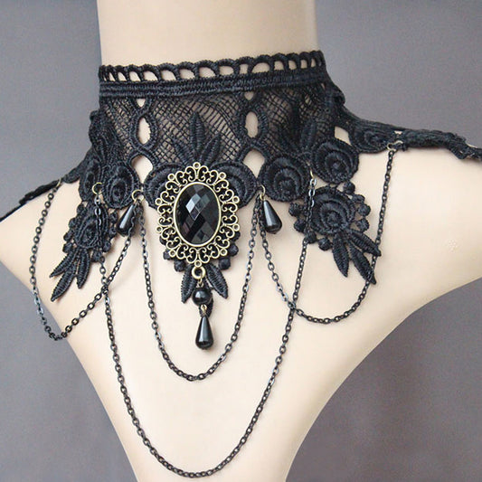 Black Lace Choker w/ Pendant and Chain Swags