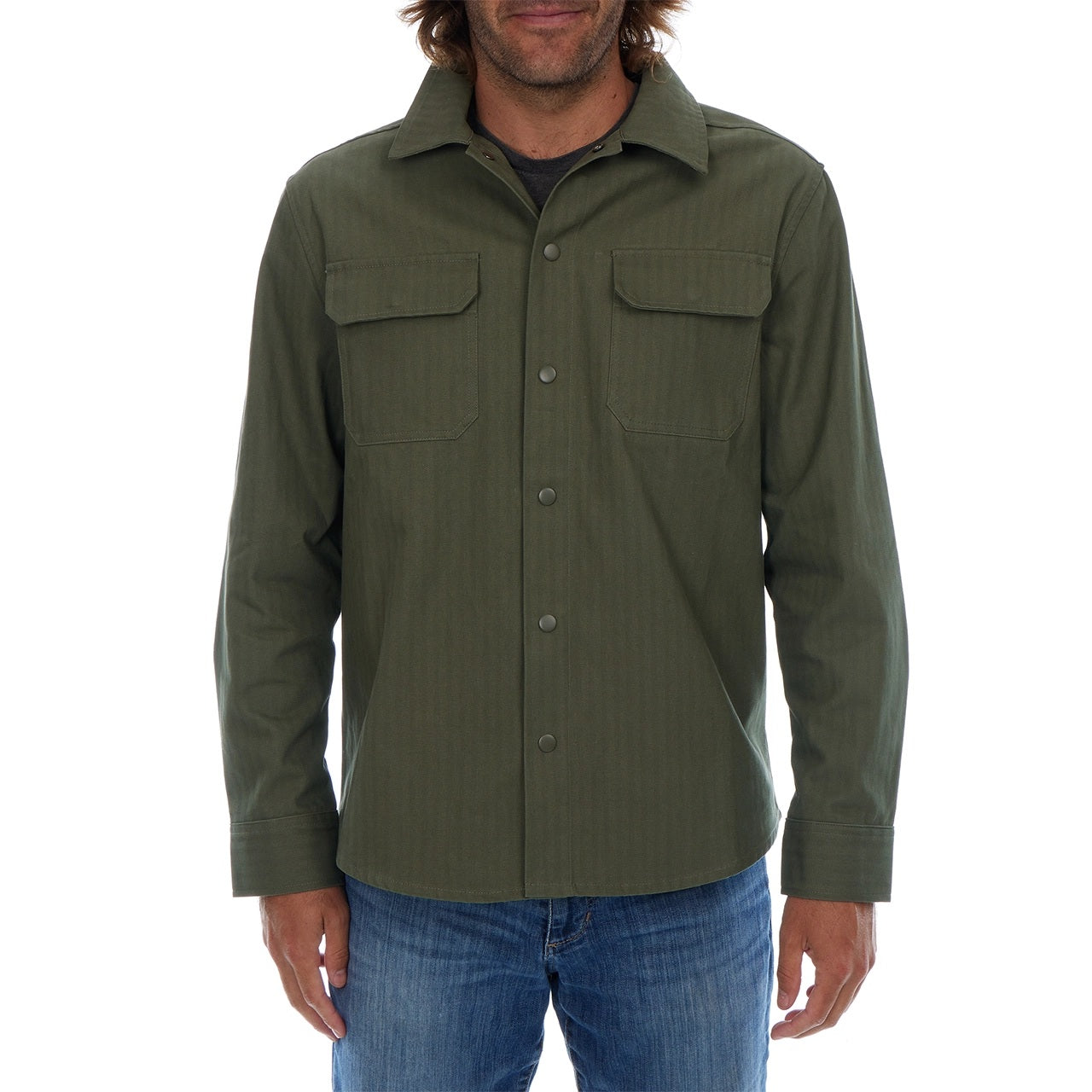 Hassan Olive Cotton Tonal Herringbone Sna Work Shirt Shacket