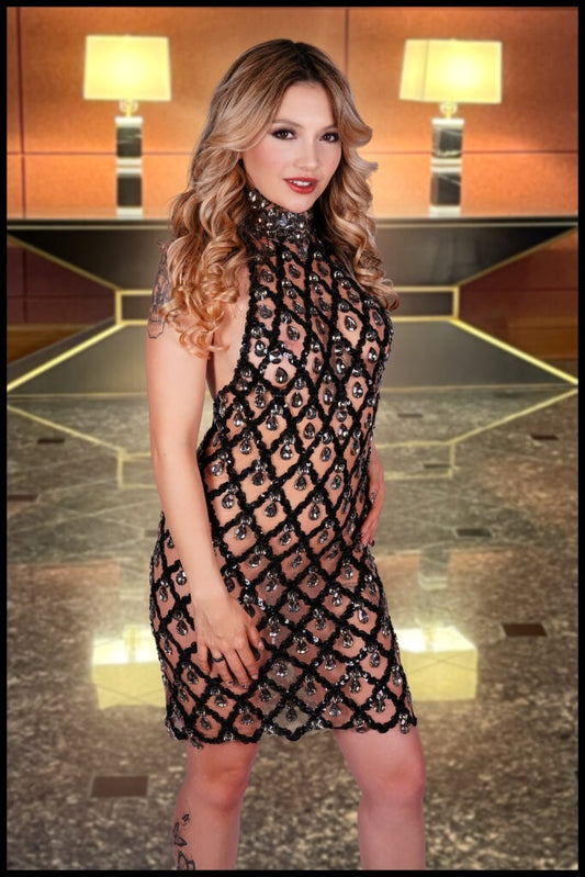 Mock Neck Halter Mesh Dress