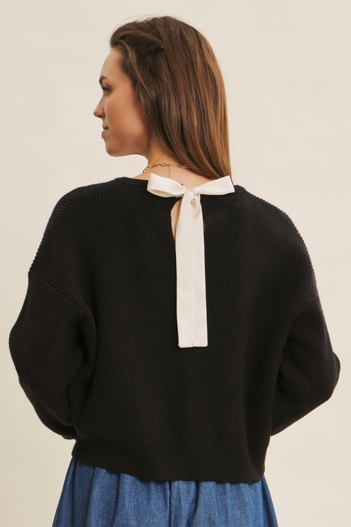 Dolman Sleeve Sweater With Satin Back Tie