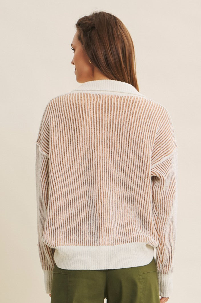 Two Tone Textured Stripe Henley Sweater Top
