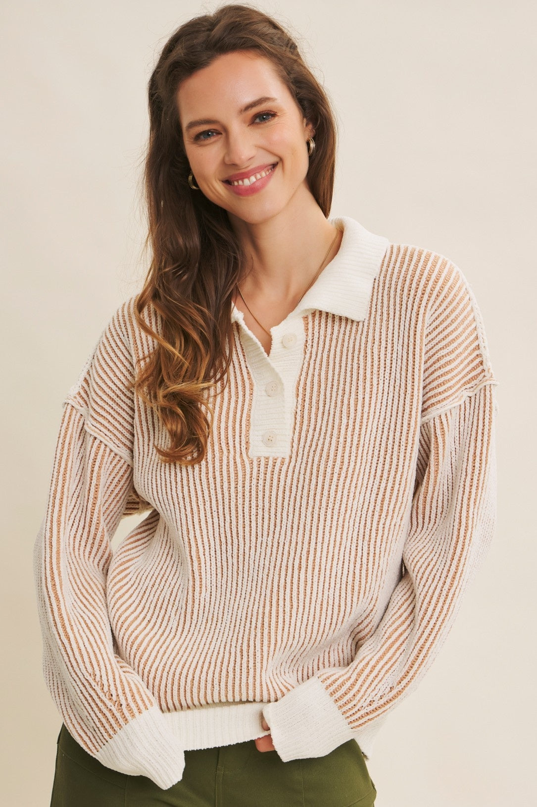 Two Tone Textured Stripe Henley Sweater Top