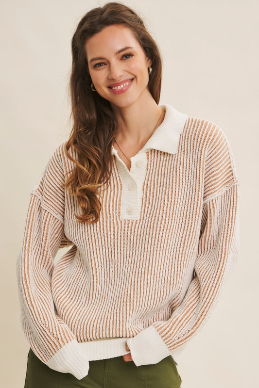 Two Tone Textured Stripe Henley Sweater Top
