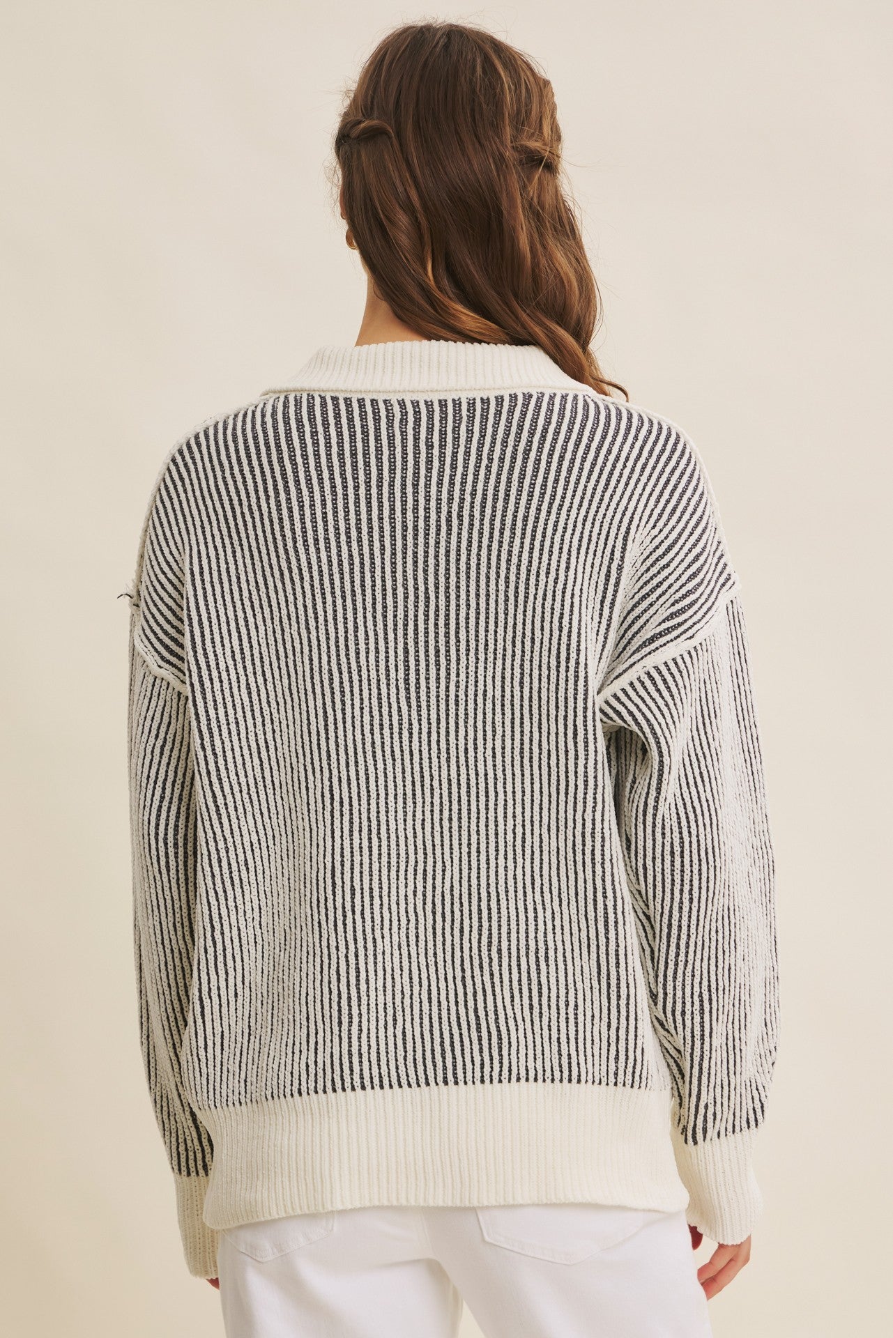 Two Tone Textured Stripe Henley Sweater Top