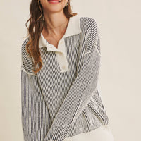 Two Tone Textured Stripe Henley Sweater Top