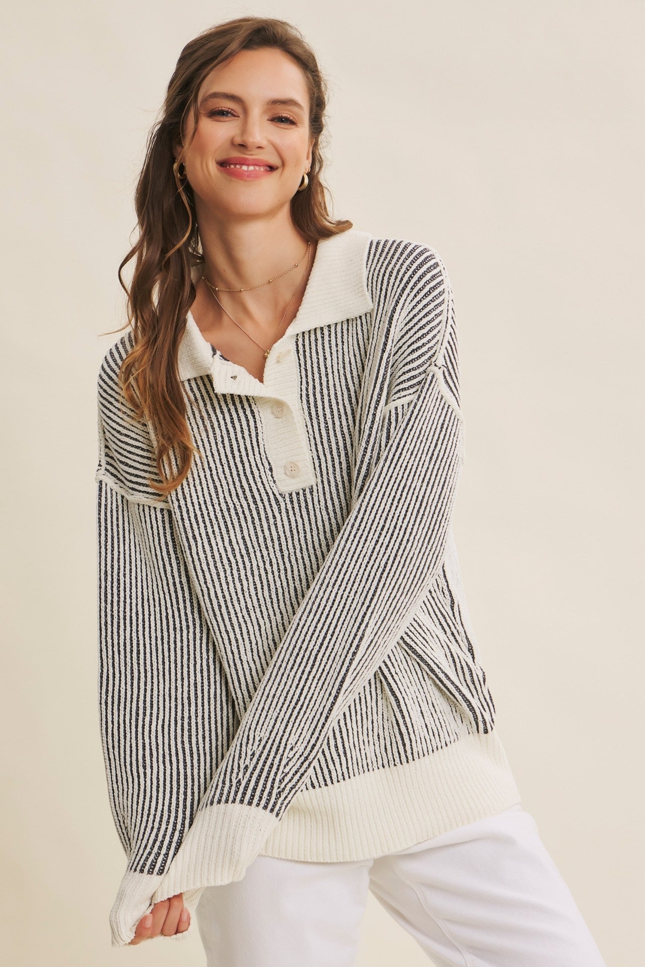 Two Tone Textured Stripe Henley Sweater Top