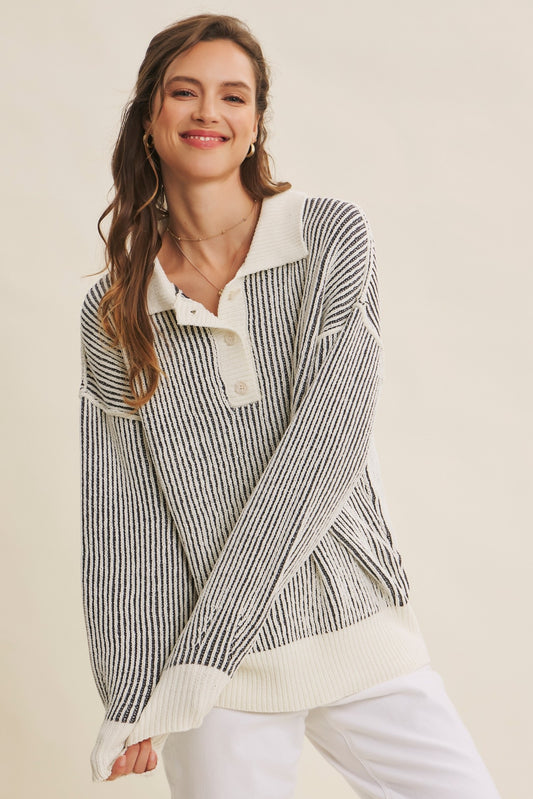 Two Tone Textured Stripe Henley Sweater Top
