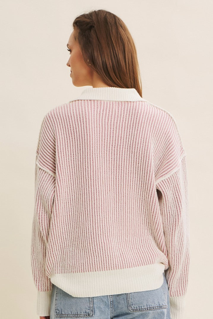 Two Tone Textured Stripe Henley Sweater Top
