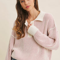 Two Tone Textured Stripe Henley Sweater Top