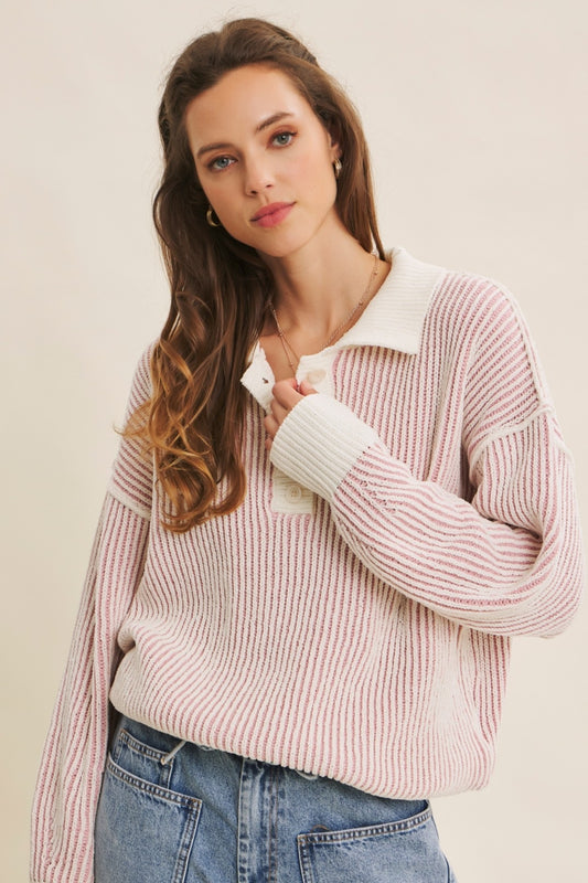 Two Tone Textured Stripe Henley Sweater Top