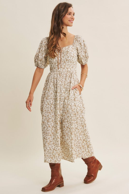 Golden Hour Floral Puff Sleeve Dress With Smocked Back
