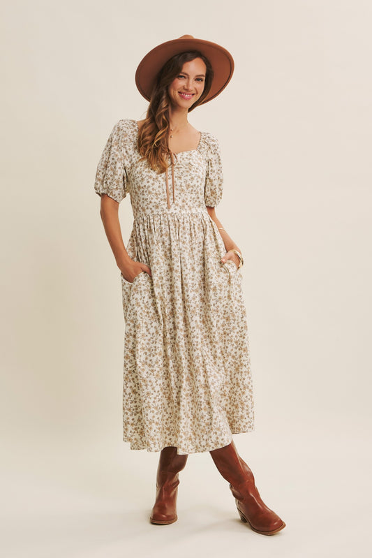 Golden Hour Floral Puff Sleeve Dress With Smocked Back