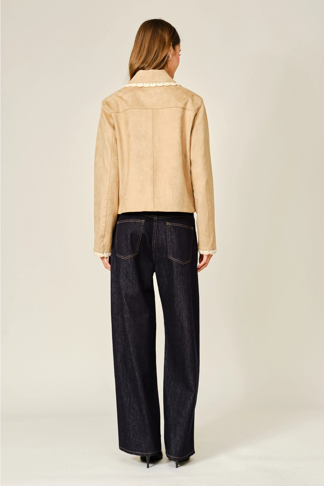 Lace Collar Faux Suede Jacket