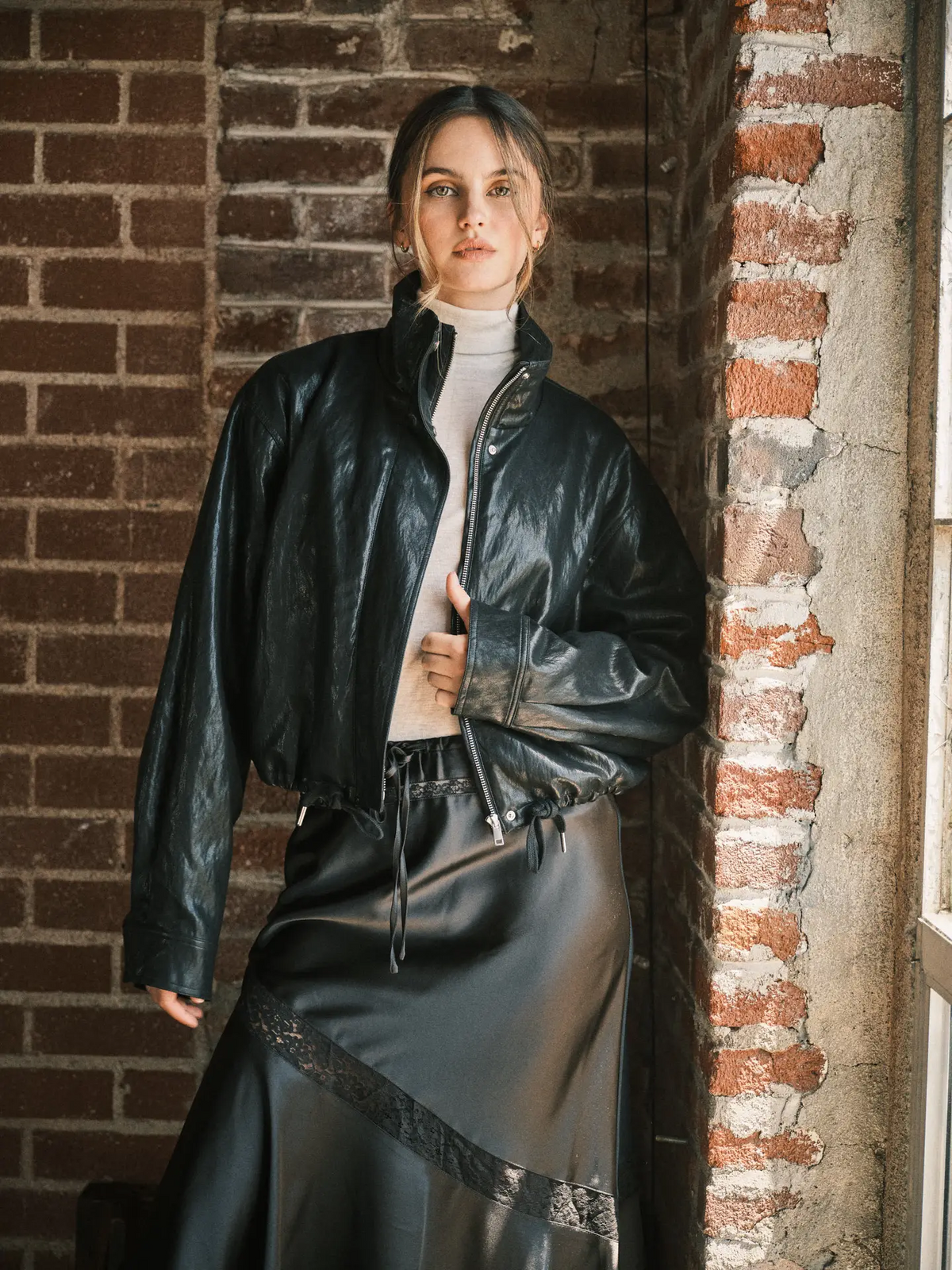 Vegan Leather Turtleneck Bomber Jacket