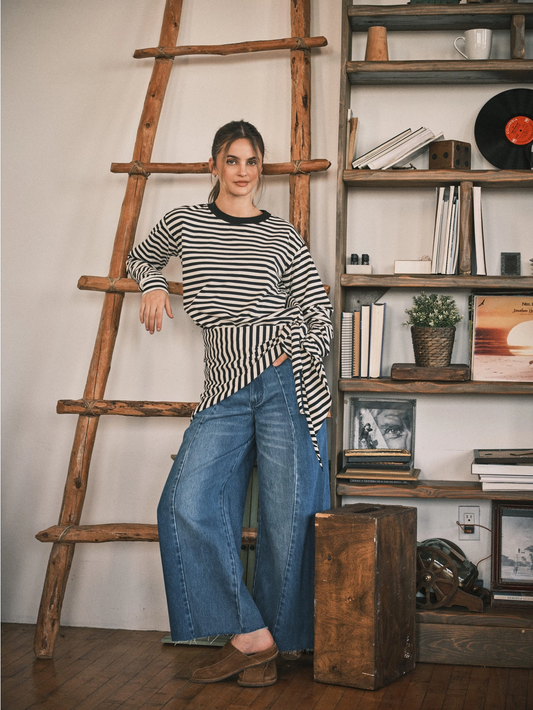 Detachable Scarf Striped Sweatshirt