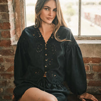 Vegan Leather Embroidered Blouse Top