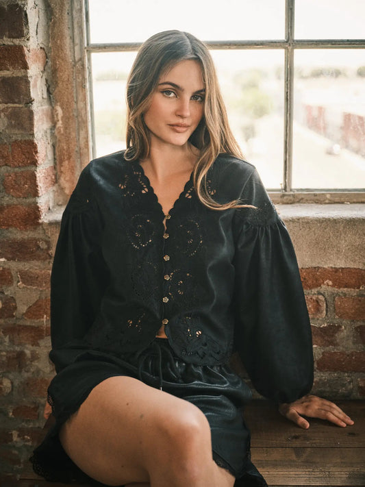 Vegan Leather Embroidered Blouse Top