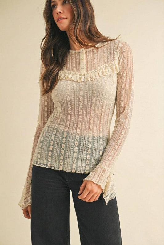 Lace Ruffle Henley Neck Top