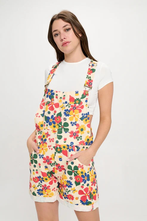 Multi Water Color Floral Print Shortalls