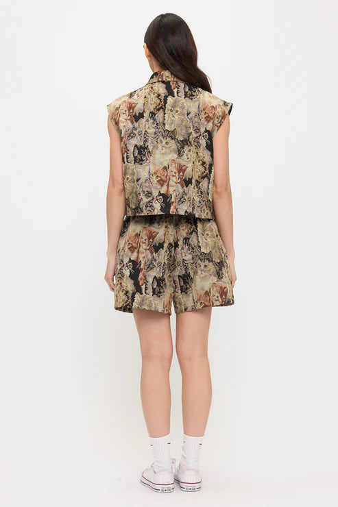 Cat Collage Print Collared Tapestry Vest