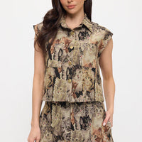 Cat Collage Print Collared Tapestry Vest