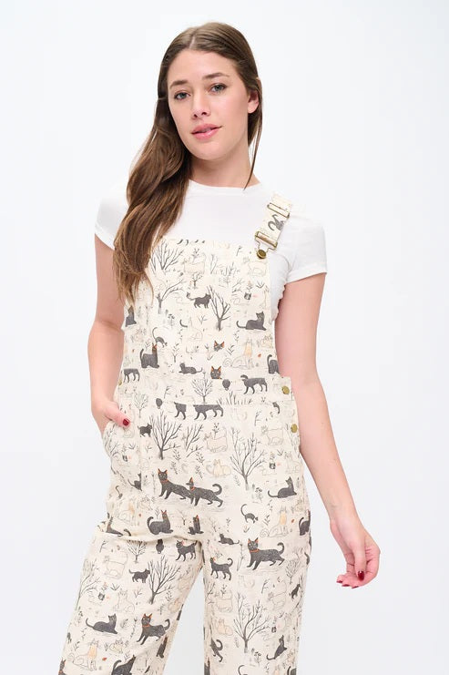 Whimsical Cat Forest Print Overalls