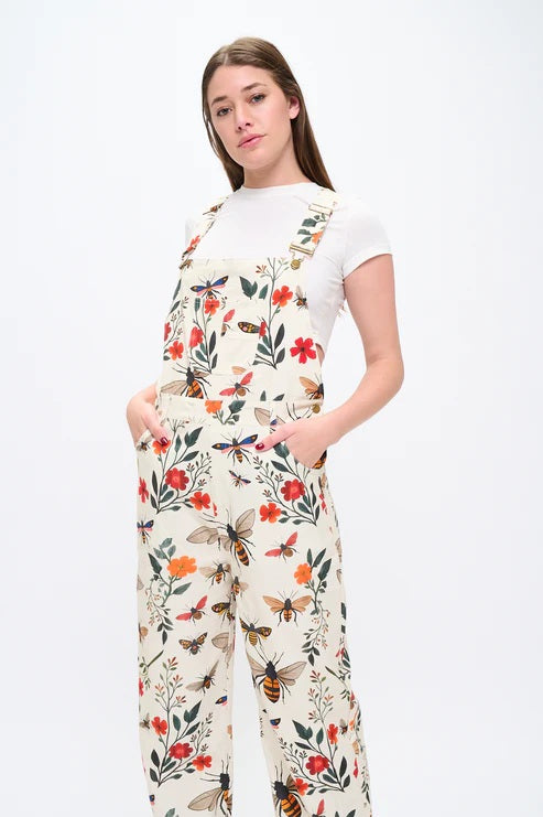 Floral Bee Garden Print Overalls