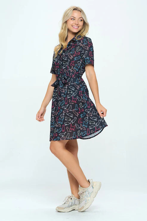 Black Colorful Cats Print Dress