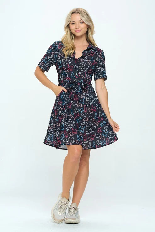 Black Colorful Cats Print Dress