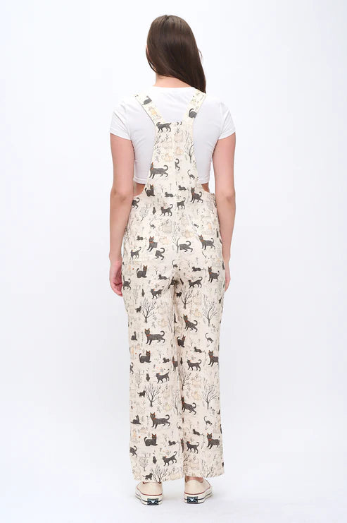 Whimsical Cat Forest Print Overalls