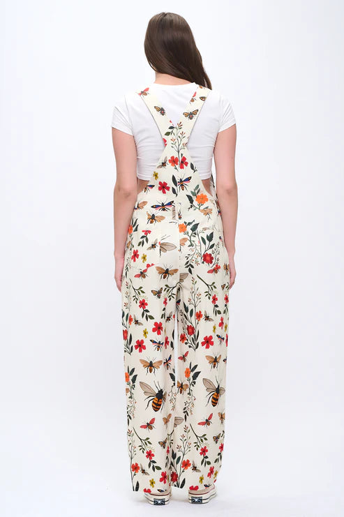 Floral Bee Garden Print Overalls