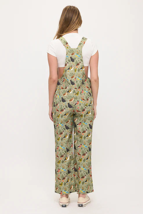 Floral Songbirds Print Overalls
