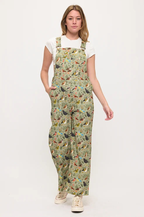 Floral Songbirds Print Overalls