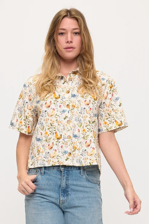 Rooster And Floral Print Shirt