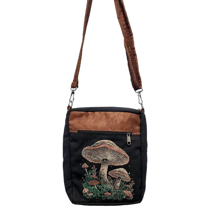 A stylish black and brown crossbody bag featuring a unique mushroom design