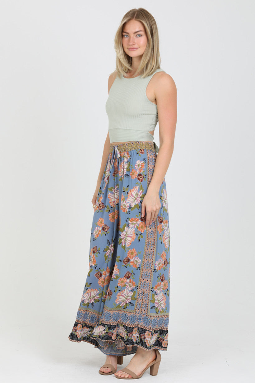 Blue Floral Print Self Tie Waist Wide Leg Pants