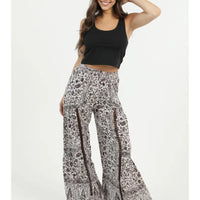 Printed Wide Leg Pants with Lace Insets