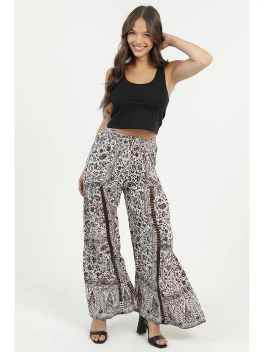 Printed Wide Leg Pants with Lace Insets