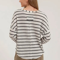 Stripe Exposed Seam Split Neck Knit Top