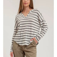 Stripe Exposed Seam Split Neck Knit Top