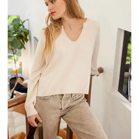 Exposed Seam Split Neck Knit Sweater