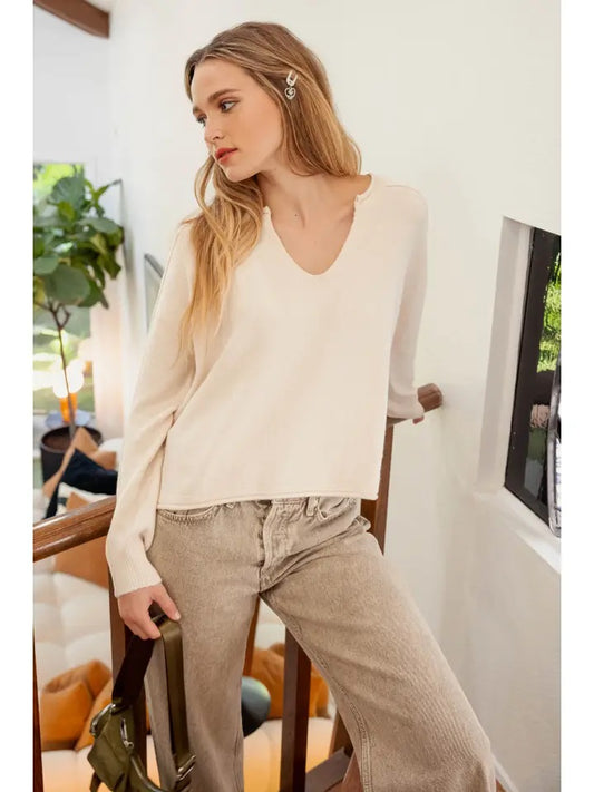 Exposed Seam Split Neck Knit Sweater