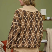 Brown Multicolor Shawl Collar Button Down Knit Cardigan