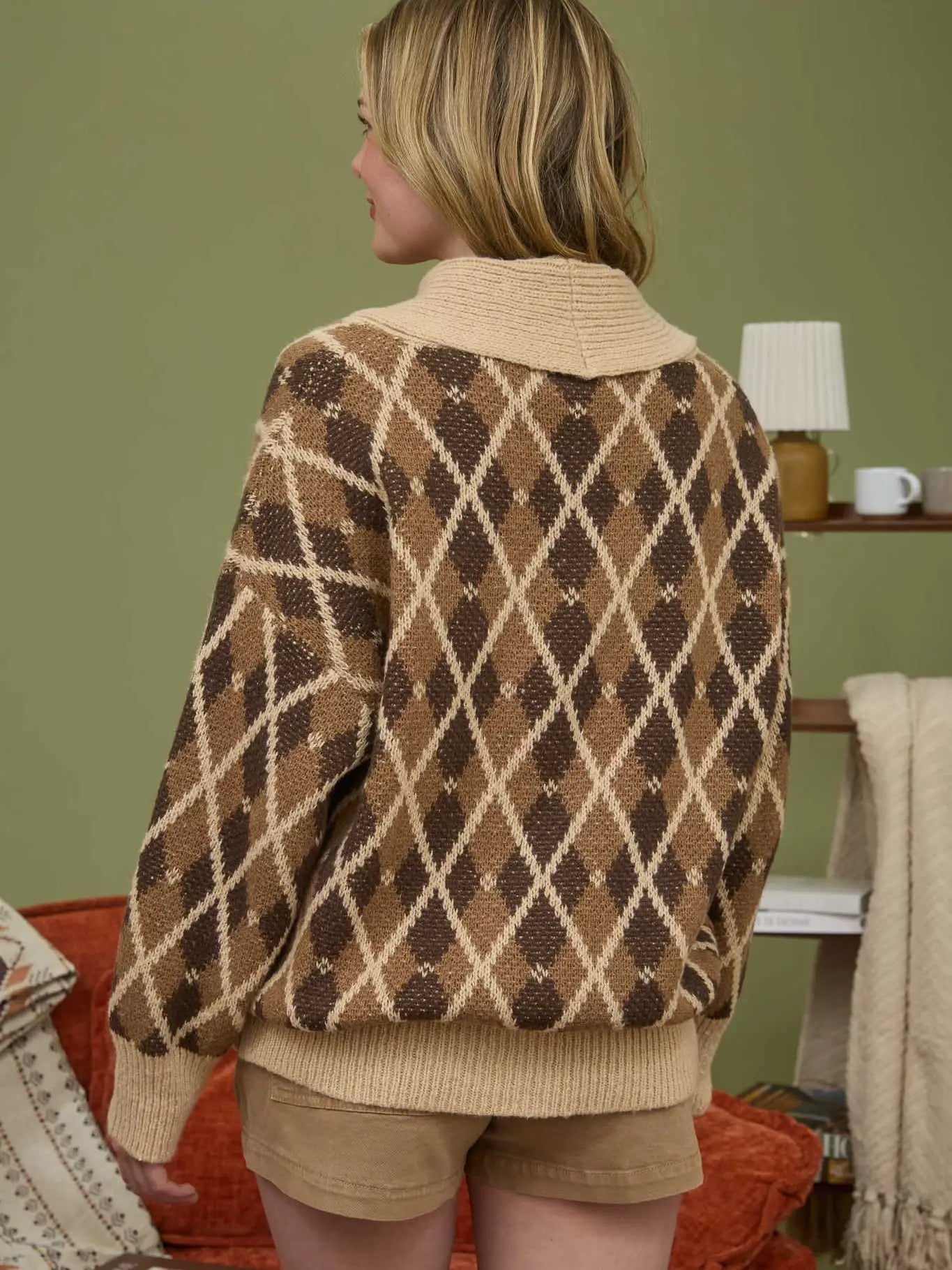 Brown Multicolor Shawl Collar Button Down Knit Cardigan