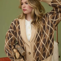 Brown Multicolor Shawl Collar Button Down Knit Cardigan